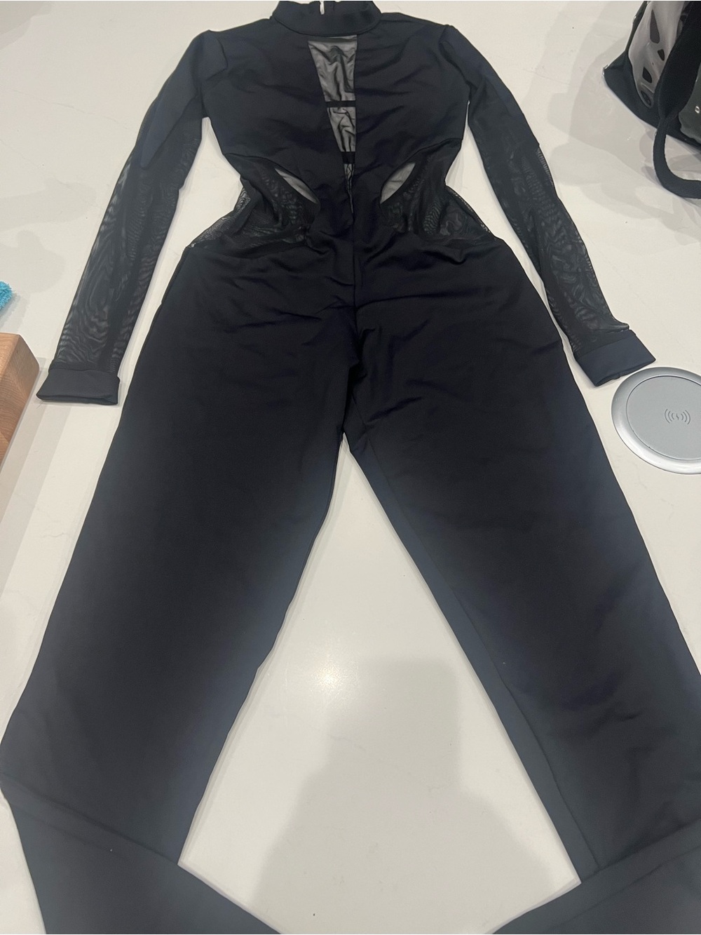 Black Long-Sleeve Mesh Insert Jumpsuit dance costume